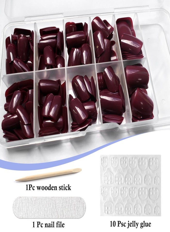 LuckForever Short Press on Nails 240pc Glossy Burgundy Press on Nails Short Square Round Fake Nails Full Cover 10 Sheets Nail Adhesive Tabs,Small Wooden Sticks and Nail Files False Nails for Women - Image 3